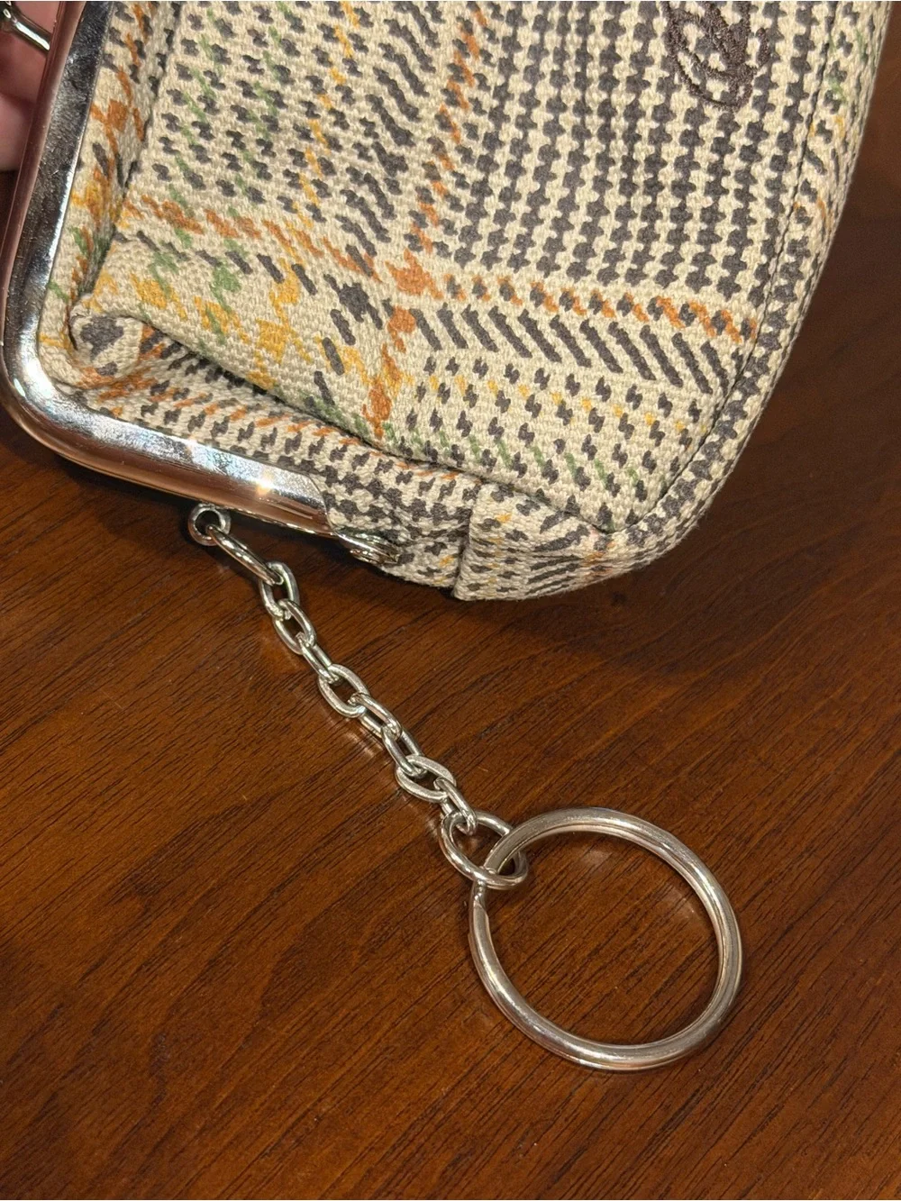 Dakine Plaid Kiss Lock Coin Purse Keychain Brown Plaid with peakaboo polkadots